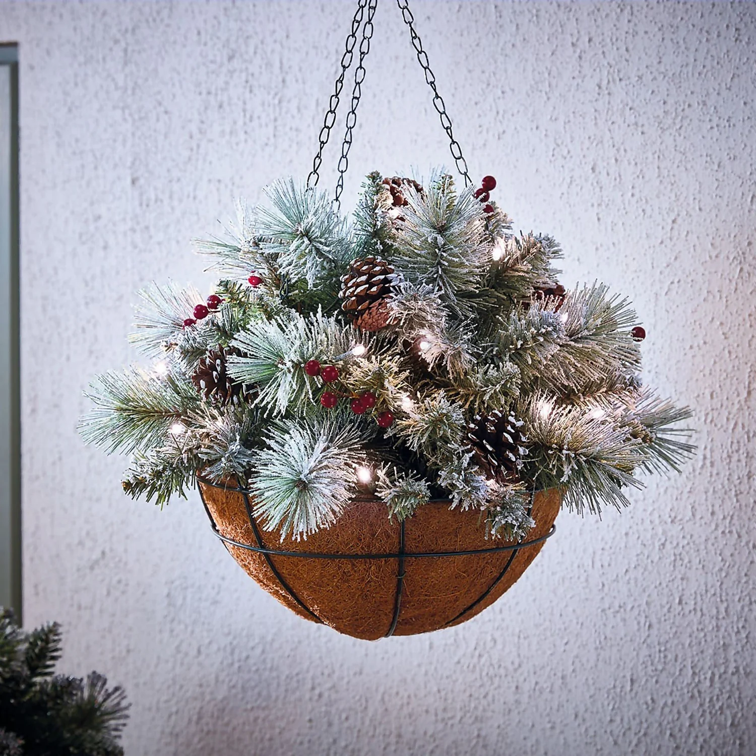 Pre-lit Snowy Christmas Hanging Basket (Battery Operated) 1 Pre-lit Snowy Christmas Hanging Basket (Battery Operated)