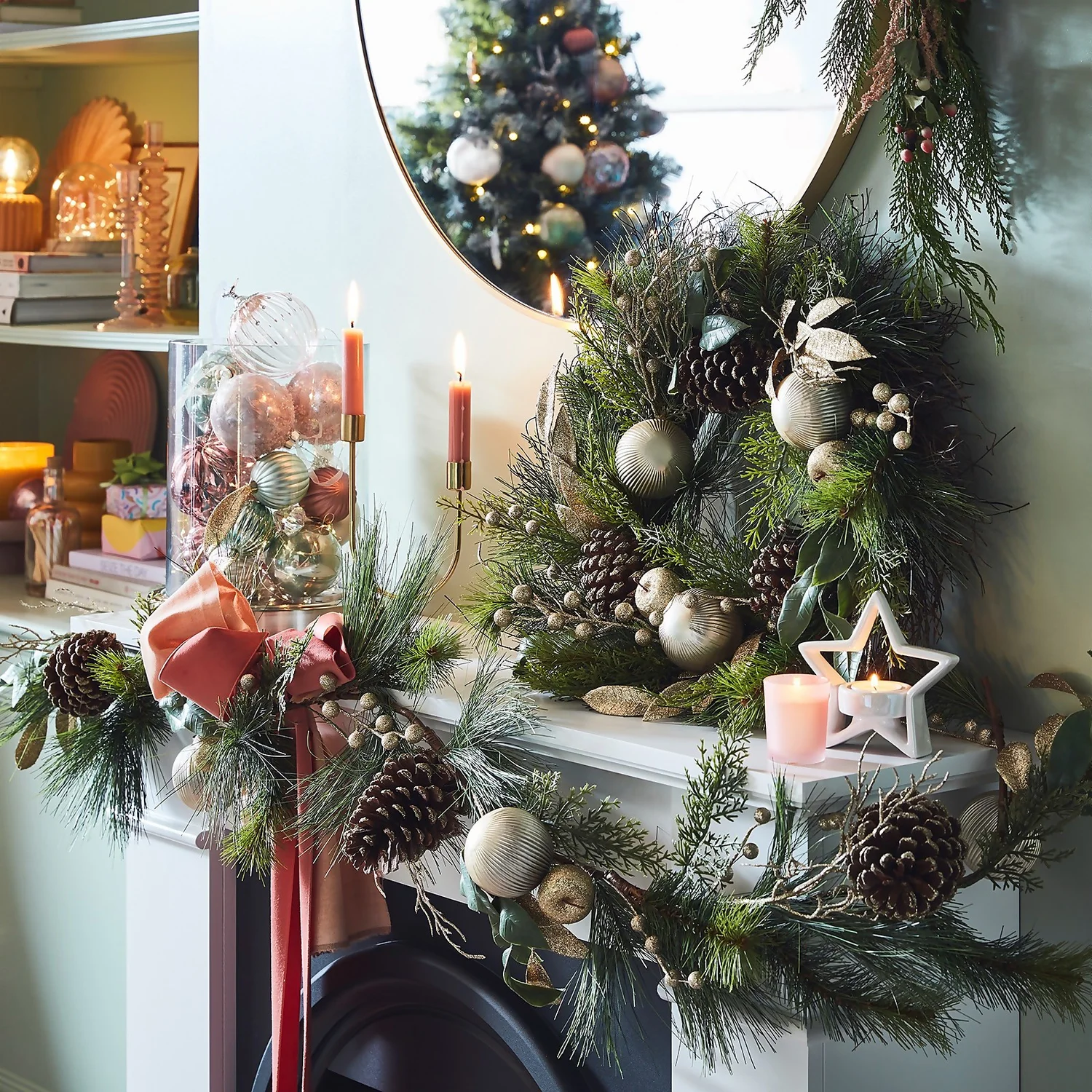 Natural Cone And Gold Bauble Christmas Garland - 180cm 2 Natural Cone And Gold Bauble Christmas Garland - 180cm - Image 2