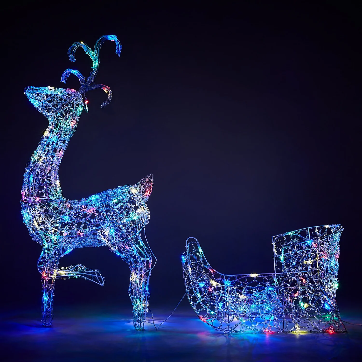Acrylic LED Reindeer And Sleigh Multicolour 3D Outdoor Christmas Light Decoration 1 Acrylic LED Reindeer And Sleigh Multicolour 3D Outdoor Christmas Light Decoration