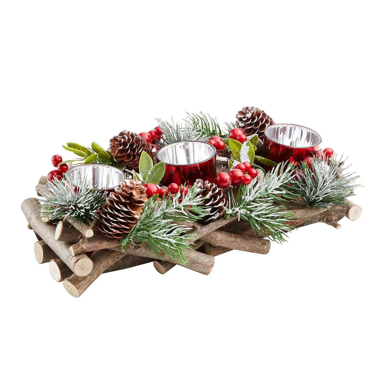 Red Berry & Willow Tabletop 3 Christmas Candle Holder - 30cm 1 Red Berry & Willow Tabletop 3 Christmas Candle Holder - 30cm