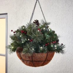 Pre-lit Berry Decorated Christmas Hanging Basket (Battery Operated)