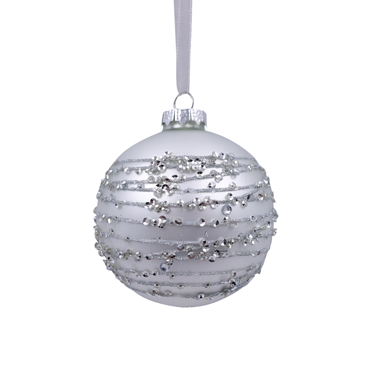 Silver Lines Beaded Stripe Glass Christmas Tree Bauble - 90mm 1 Silver Lines Beaded Stripe Glass Christmas Tree Bauble - 90mm