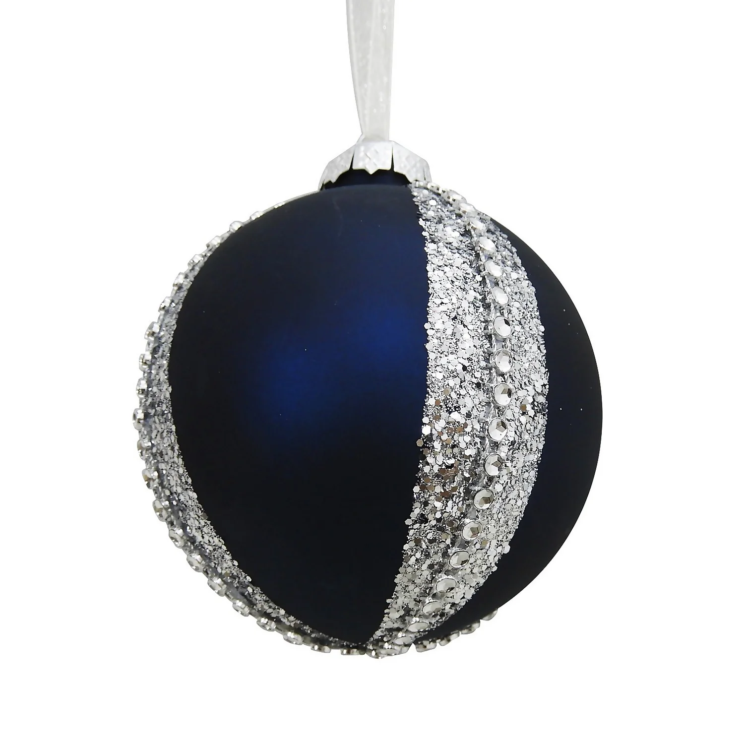 Navy Stripe Jewel Glass Christmas Tree Bauble - 90mm 1 Navy Stripe Jewel Glass Christmas Tree Bauble - 90mm